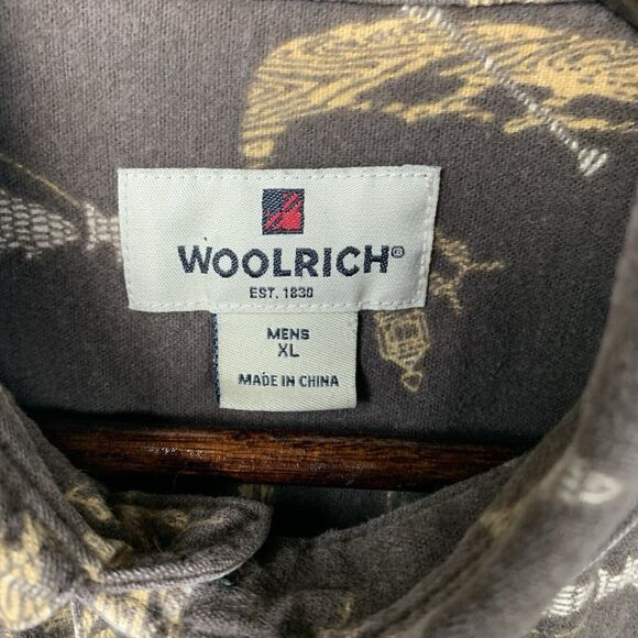 Woolrich Shirt Mens XL Brown Flannel Dark Wood Canoe All Over Print Outdoors - Picture 4 of 10